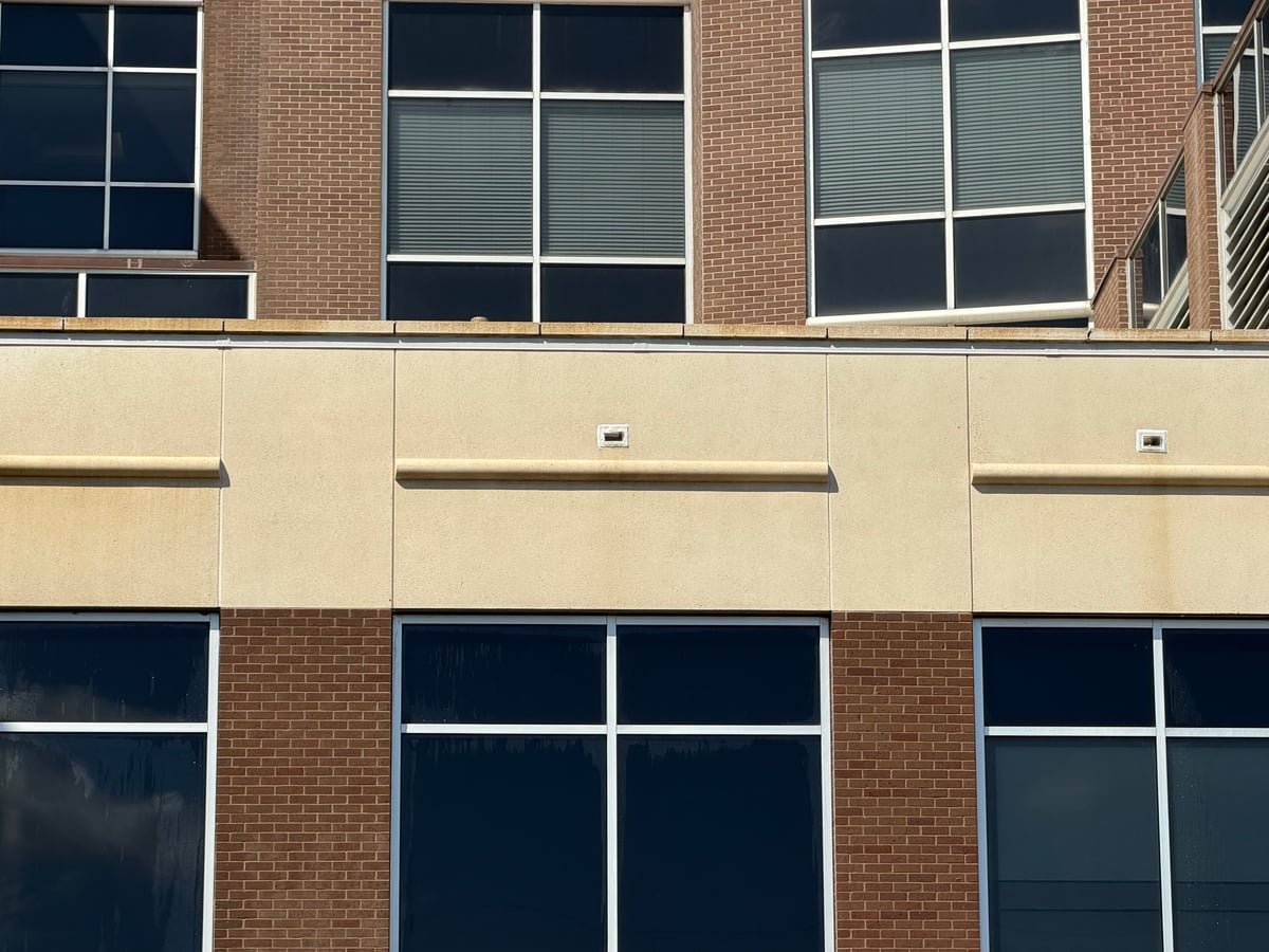Commercial facade following exterior cleaning work.